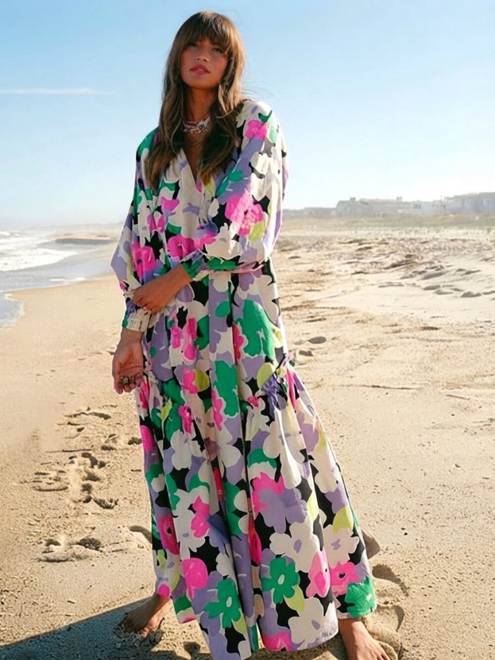 H&M Conscious Poplin Maxi Balloon Sleeve Kaftan Dress Multi Floral XS #A4591